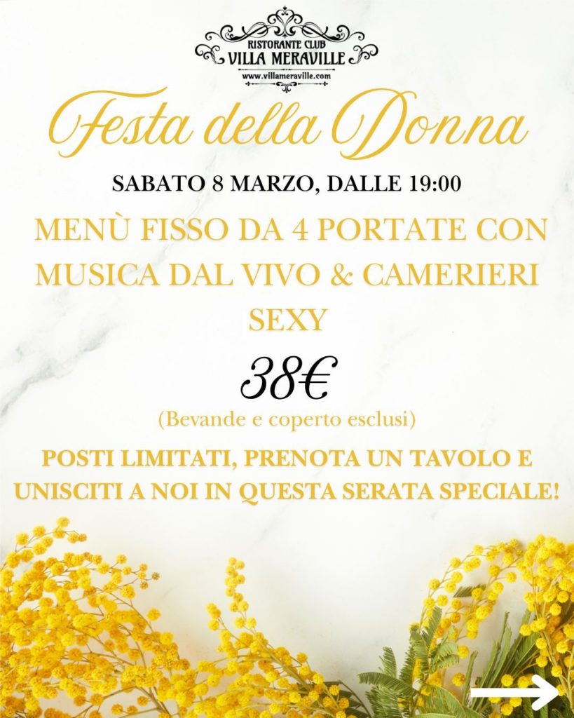 Locandina della serata proposta a Villa Meraville per la festa della donna